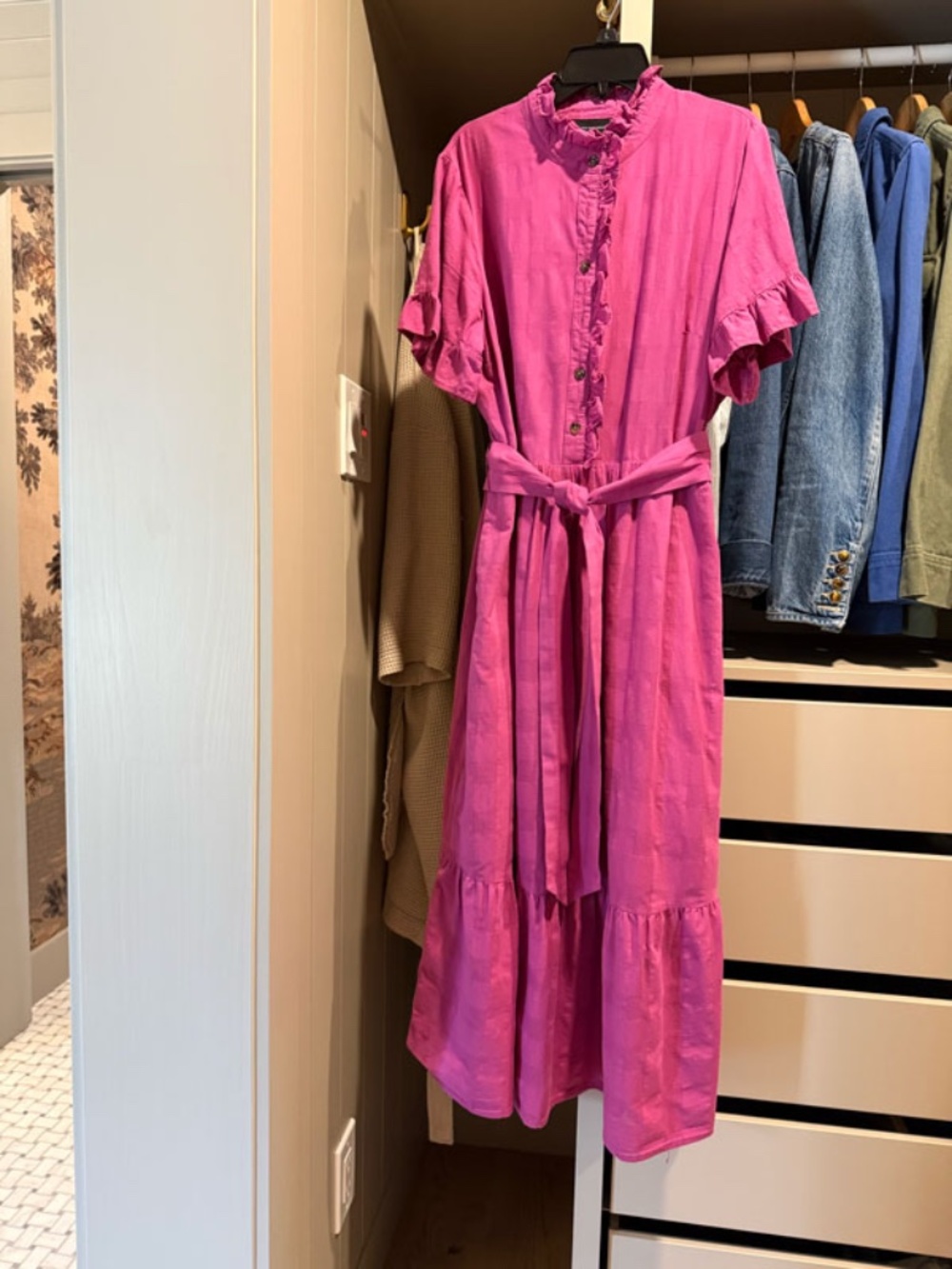Who What Wear Pink Ruffle Belted Tiered Midi Dress M